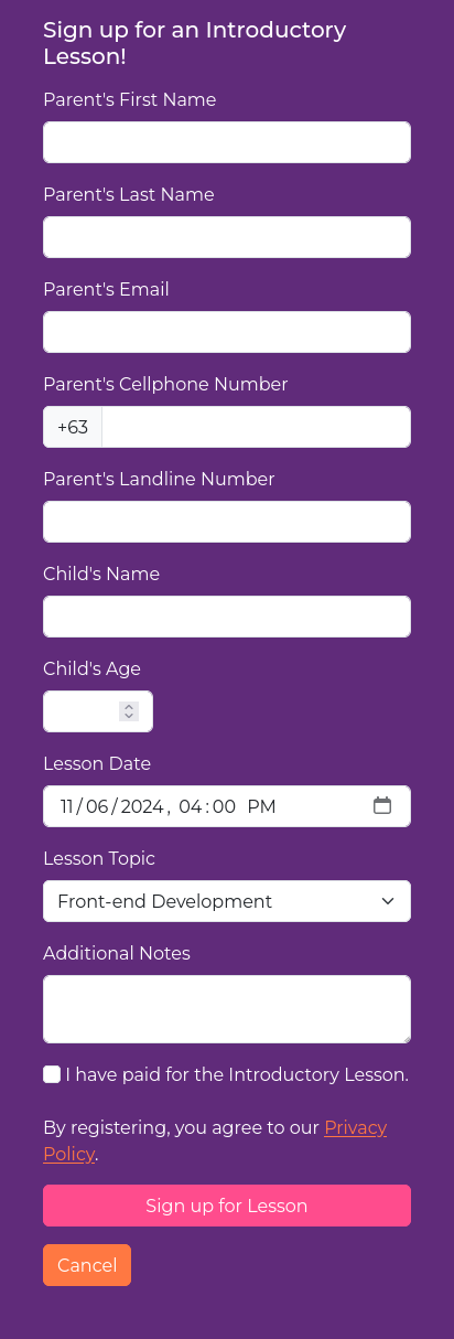 Registration Form Screenshot